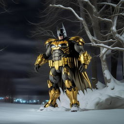 An award-winning, dramatic, night-time photograph showcasing outstanding lighting. Portrays a slender, gold-plated Batman in a detailed mecha suit, standing imposingly amidst a serene, snowfall scene.