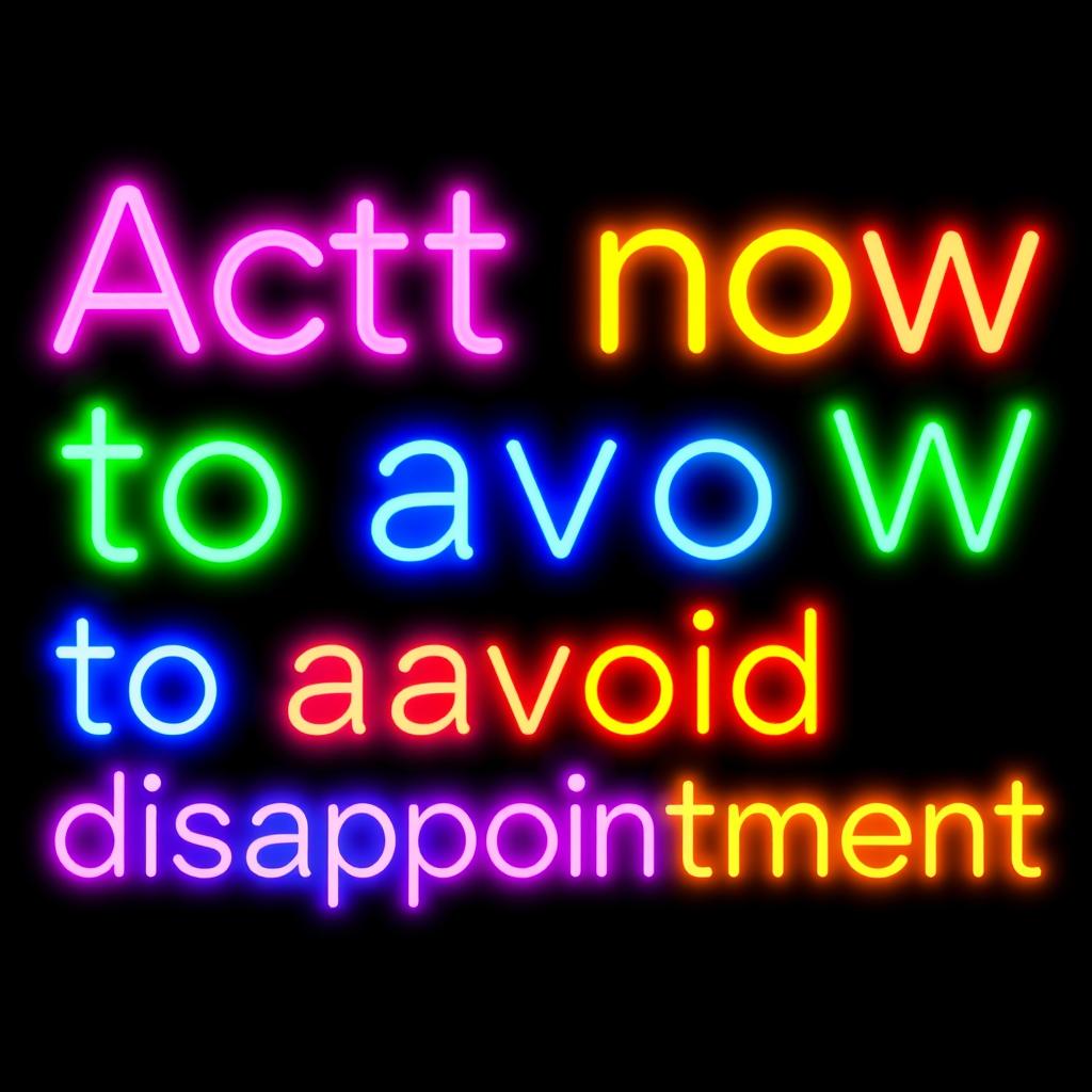 Colorful neon text saying 'Act now to avoid disappointment' displayed prominently against a solid black background