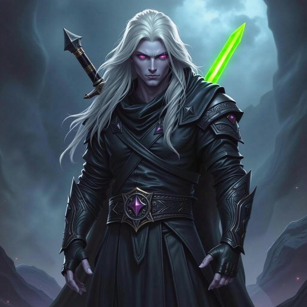 A powerful male Shadar-Kai Hexblade Warlock, standing confidently with an imposing presence