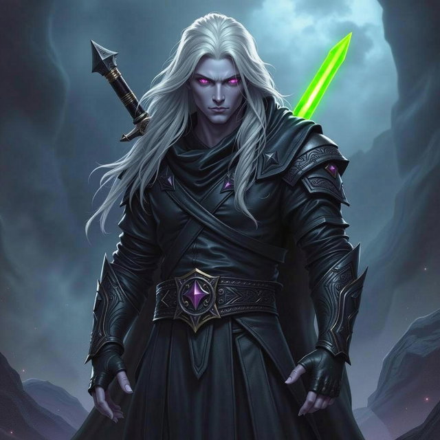 A powerful male Shadar-Kai Hexblade Warlock, standing confidently with an imposing presence