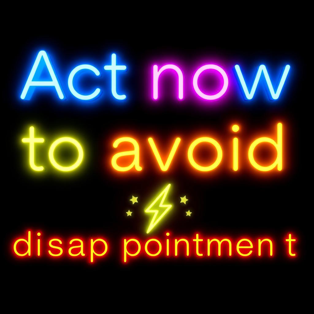 Colorful neon text reading 'Act now to avoid disappointment' in vibrant colors, featuring a rounded logo that incorporates a stylized lightning bolt and a star