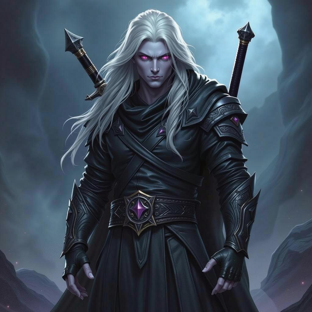 A formidable male Shadar-Kai Hexblade Warlock standing confidently in a dark and mystical environment