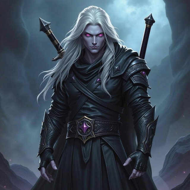 A formidable male Shadar-Kai Hexblade Warlock standing confidently in a dark and mystical environment