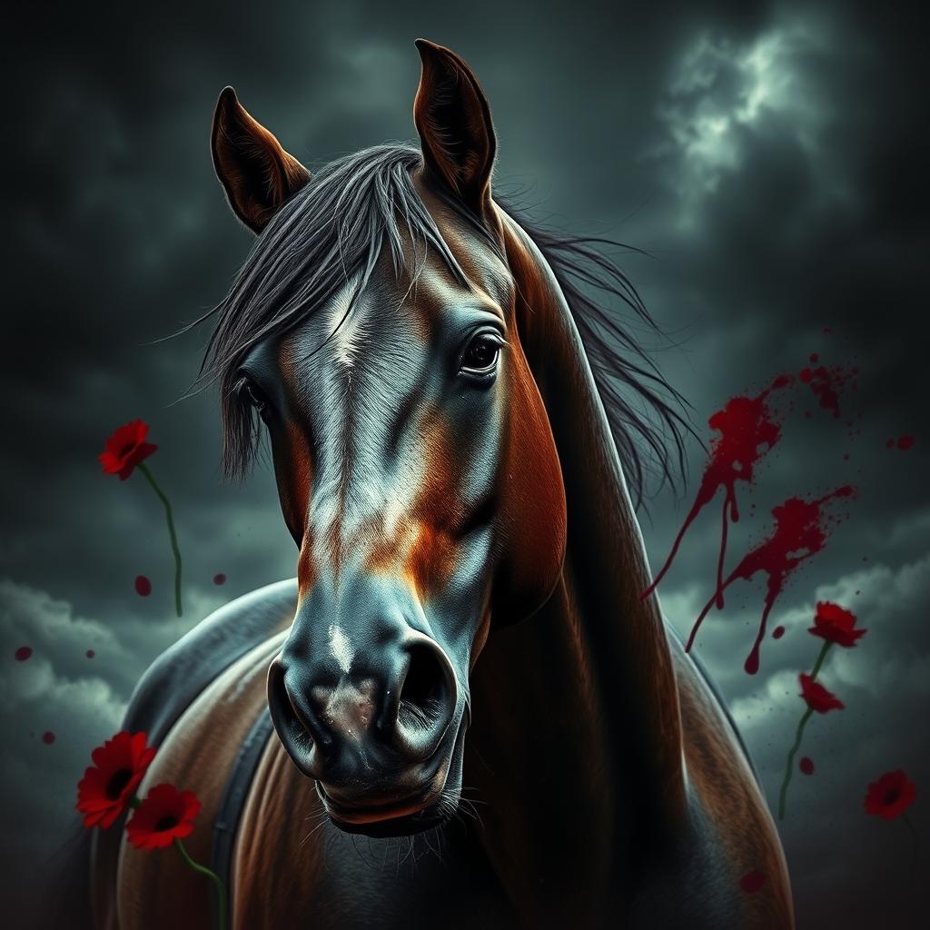 A powerful and emotional scene depicting a strong horse in a dramatic environment