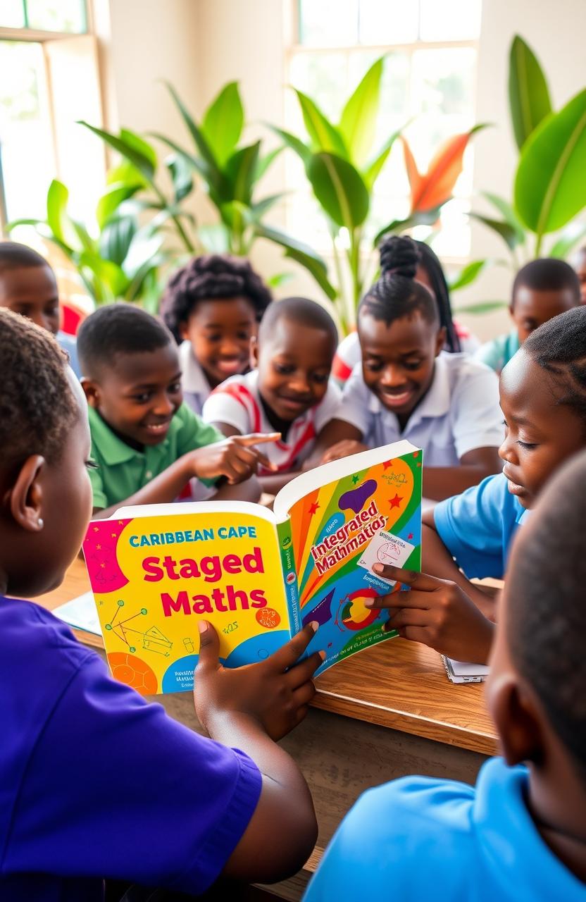 A vibrant scene in a Caribbean classroom, featuring students of diverse backgrounds eagerly engaged with an integrated mathematics textbook titled 'Caribbean Cape Integrated Maths'