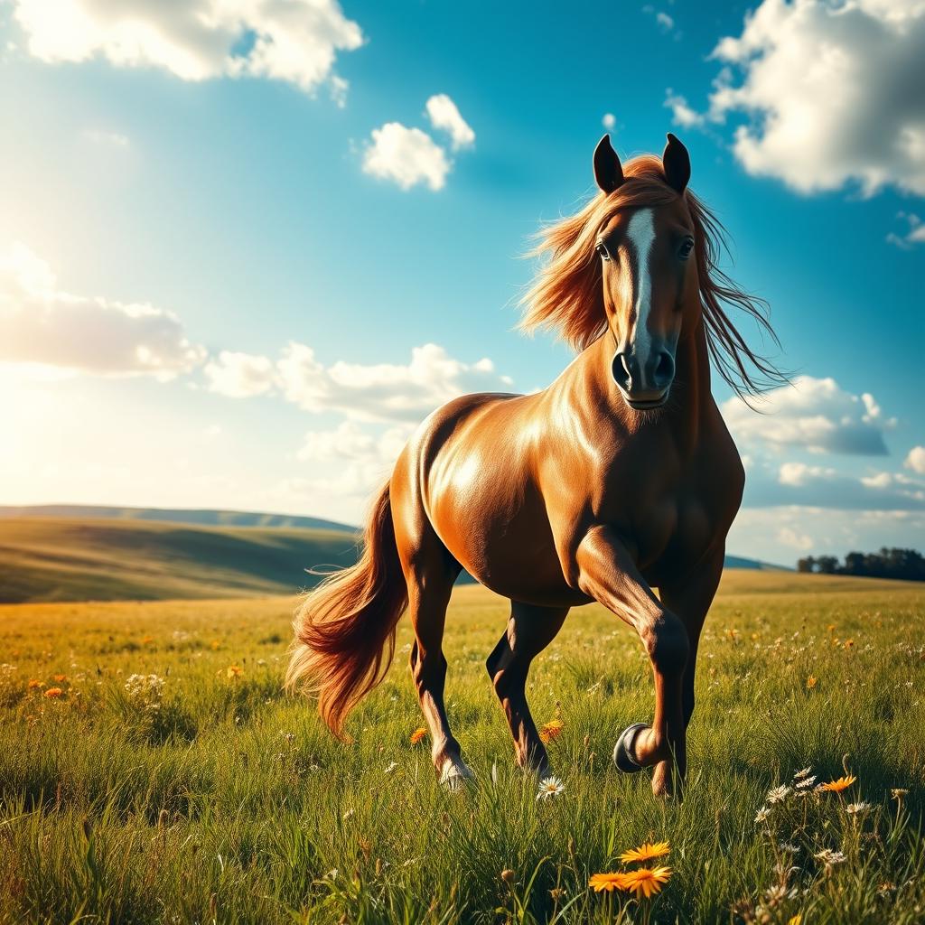 A powerful and emotional portrayal of a strong horse in a serene rural setting, displaying resilience and strength