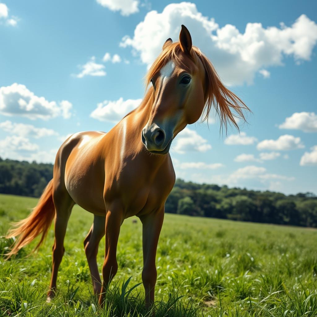 A striking image of a slender horse in a lush green pasture, showcasing its elegant form and graceful stature