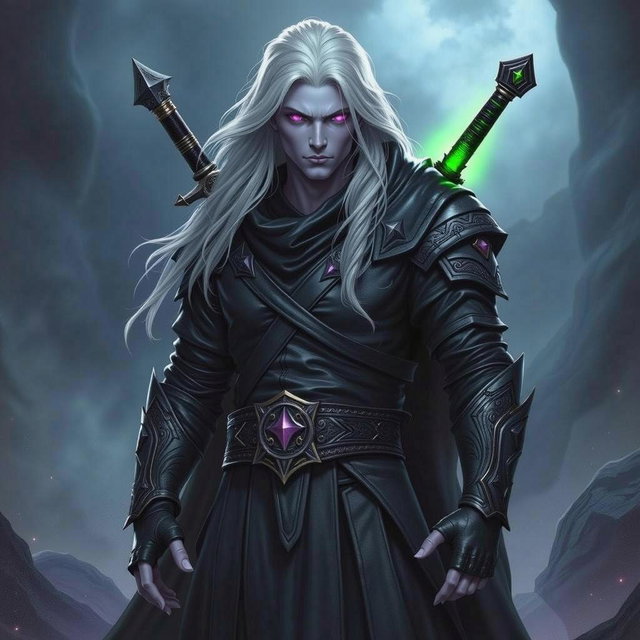 A powerful Shadar-Kai Hexblade Warlock standing confidently in a dark, mystical landscape