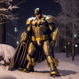 An award-winning, dramatic, night-time photograph showcasing outstanding lighting. Portrays a slender, gold-plated Batman in a detailed mecha suit, standing imposingly amidst a serene, snowfall scene.