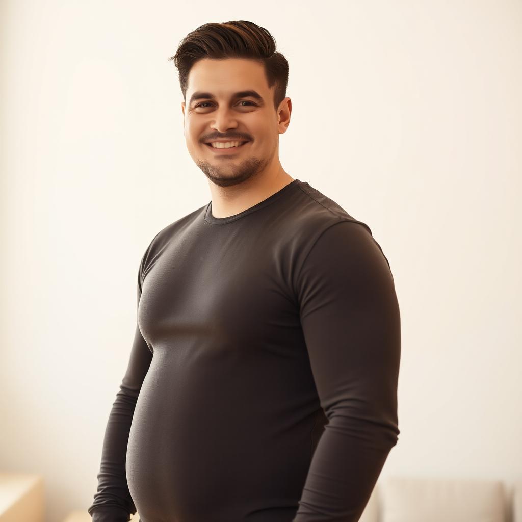A portrait of a slim-looking man with a significant amount of body fat, embodying the concept of a 'fake slim' appearance