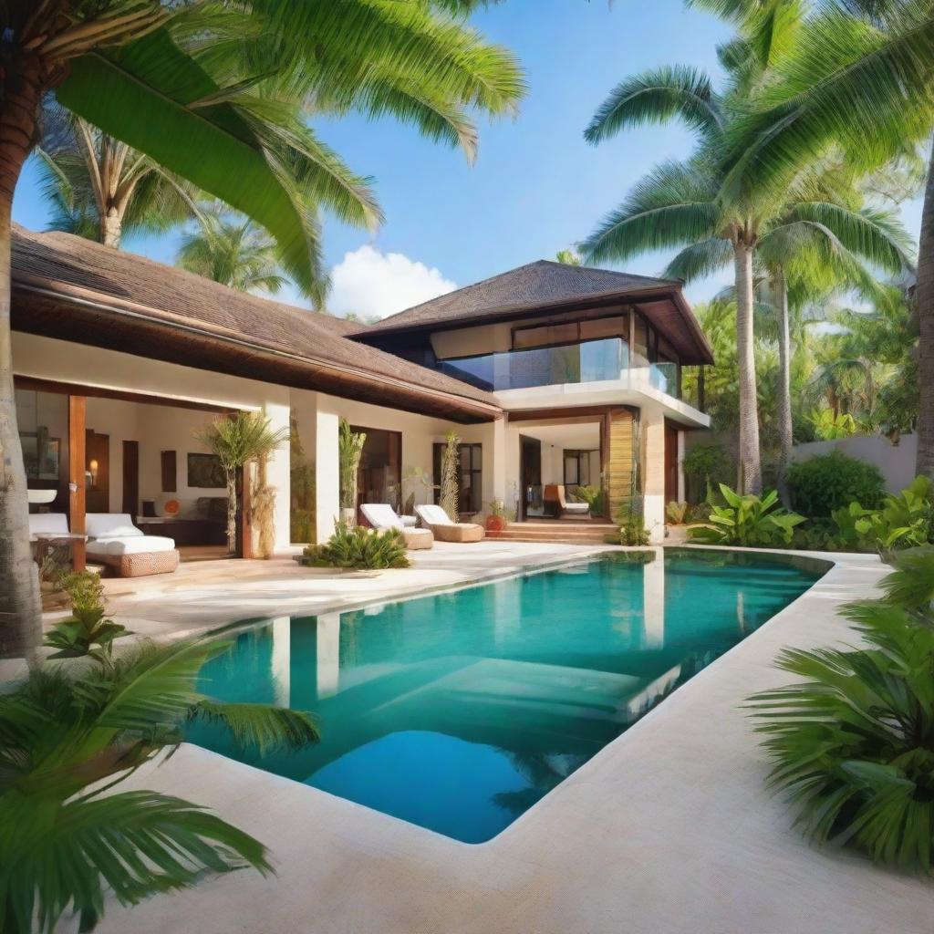 A luxurious tropical house, nestled among lush greenery, with a clear blue pool and leafy palm trees surrounding it, displaying a serene tropical ambiance.