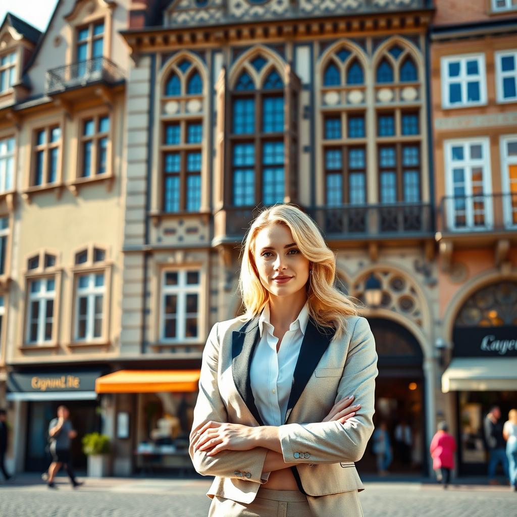 A stunning blonde businesswoman standing elegantly in front of a charming old European city building, featuring beautiful historical architecture with intricate details and a timeless appeal