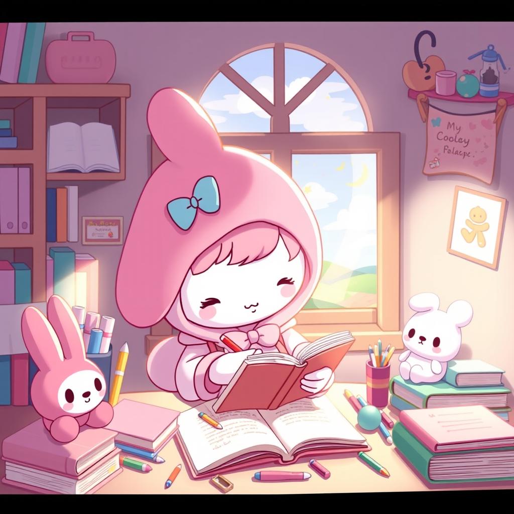 A cute and whimsical scene featuring My Melody, the beloved Sanrio character, deeply engrossed in her studies