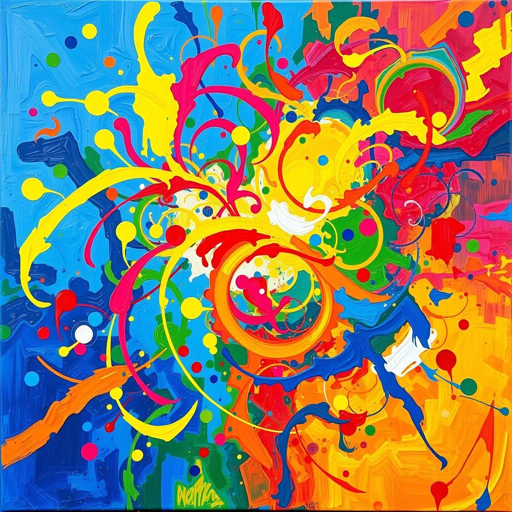 A vibrant and colorful abstract painting that bursts with hues of blue, red, yellow, and green, featuring swirling patterns and dynamic shapes that create a sense of movement and energy