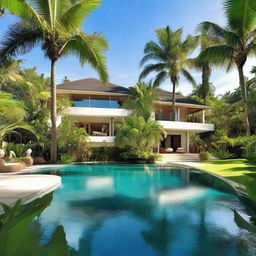 A luxurious tropical house, nestled among lush greenery, with a clear blue pool and leafy palm trees surrounding it, displaying a serene tropical ambiance.