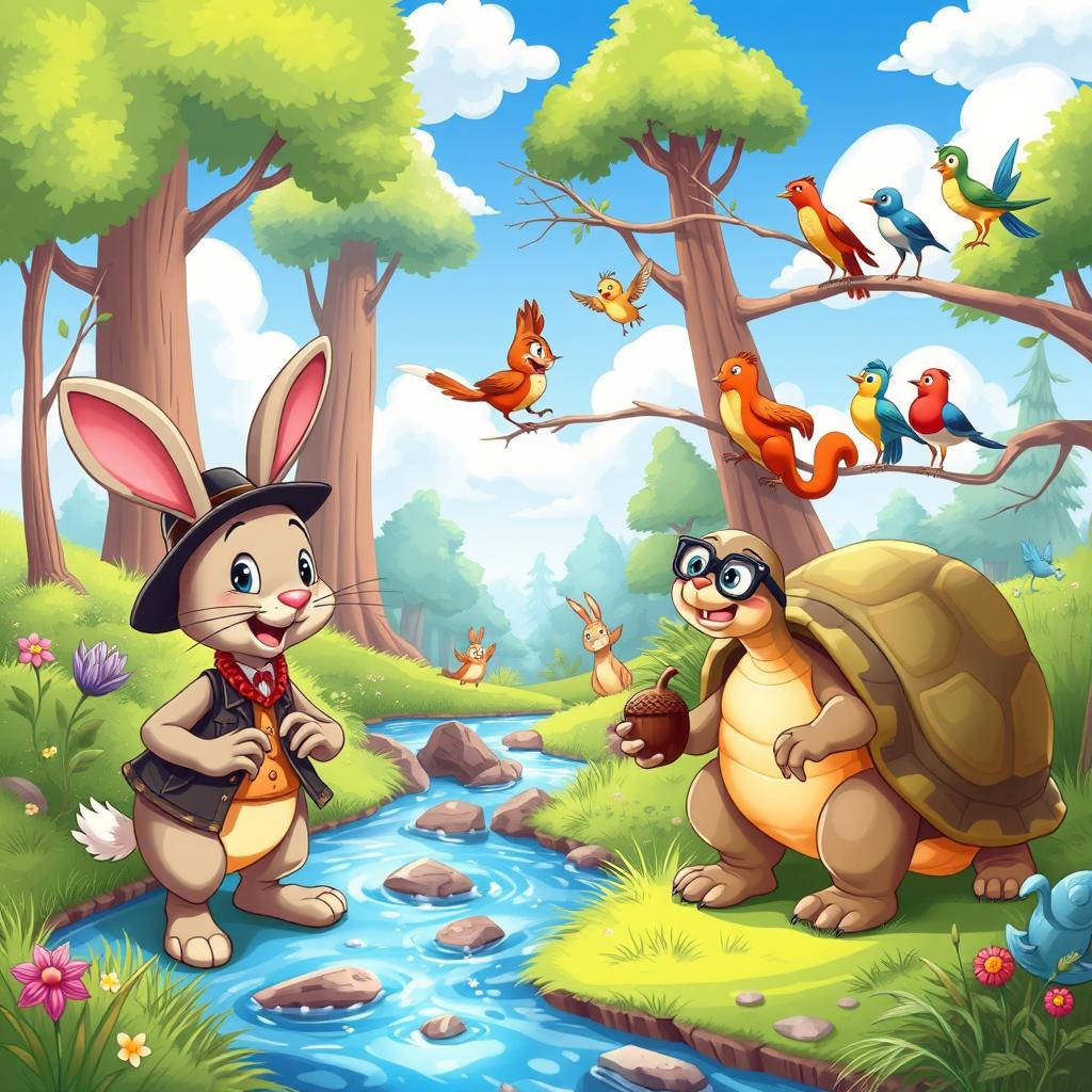 A colorful and whimsical cartoon scene depicting a lively forest filled with talking animals