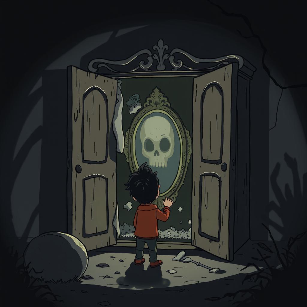 A spooky cartoon scene set in a dark, abandoned mansion at night with shadows casting eerie shapes