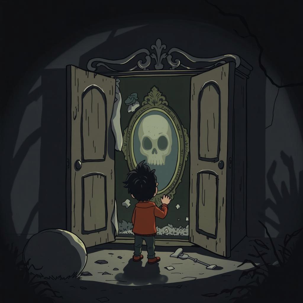 A cartoon illustration featuring a young boy named Hassan standing in front of an old, open wooden wardrobe in a dark, eerie room