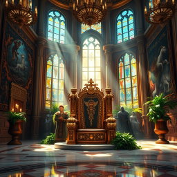 A majestic royal throne room featuring a large ornate throne at its center, adorned with intricate carvings and golden accents