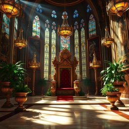 A majestic royal throne room featuring a large ornate throne at its center, adorned with intricate carvings and golden accents