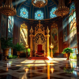 A majestic royal throne room featuring a large ornate throne at its center, adorned with intricate carvings and golden accents