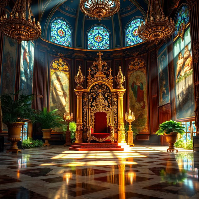 A majestic royal throne room featuring a large ornate throne at its center, adorned with intricate carvings and golden accents