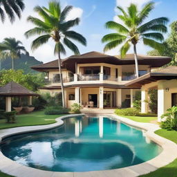 A luxurious tropical house, nestled among lush greenery, with a clear blue pool and leafy palm trees surrounding it, displaying a serene tropical ambiance.