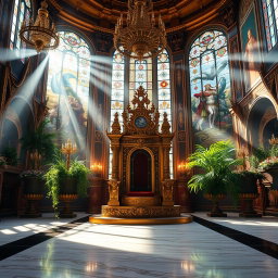 A majestic royal throne room featuring a large ornate throne at its center, adorned with intricate carvings and golden accents