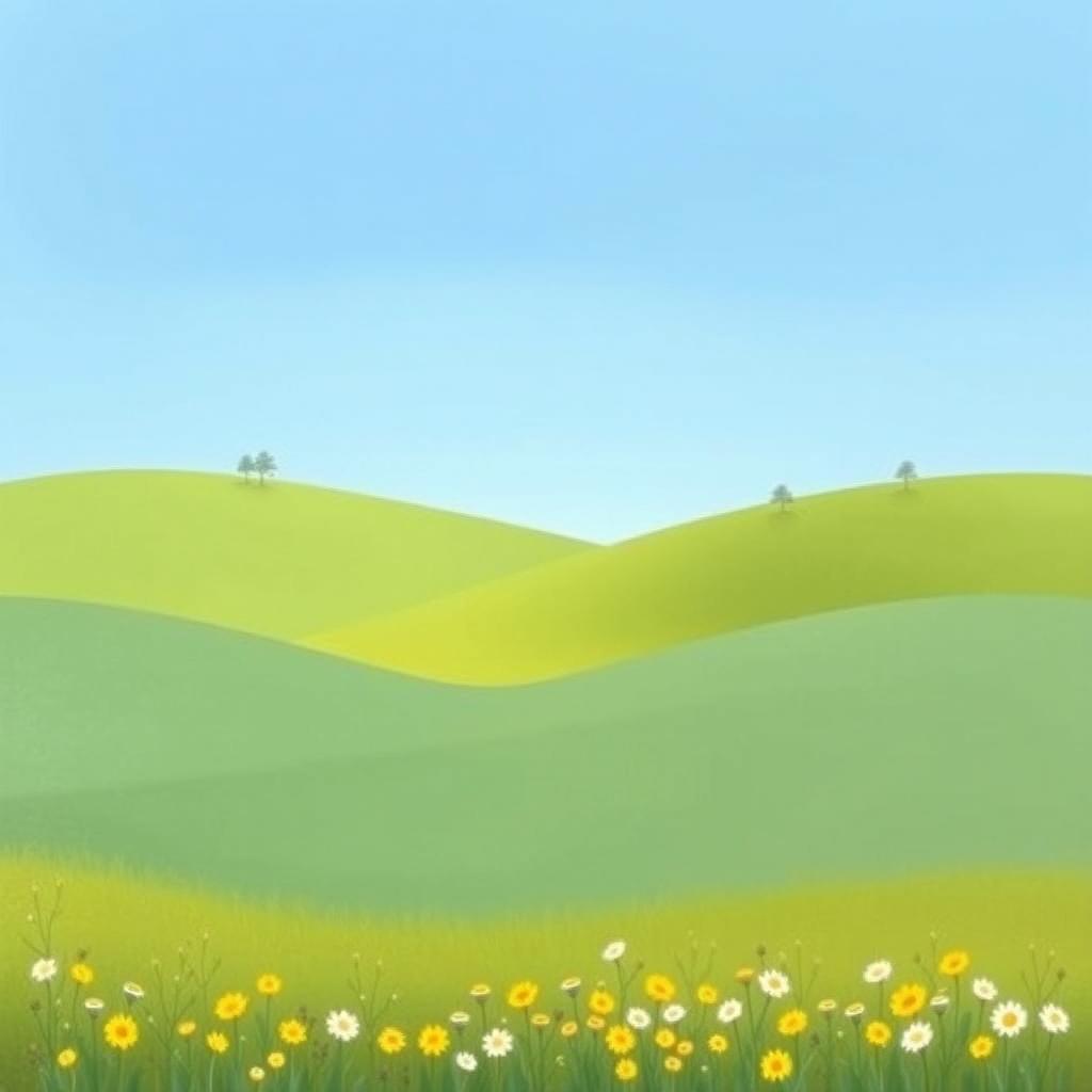 A minimalist landscape painting featuring rolling hills under a clear blue sky