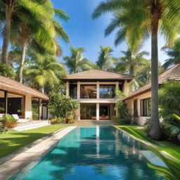 A luxurious tropical house, nestled among lush greenery, with a clear blue pool and leafy palm trees surrounding it, displaying a serene tropical ambiance.