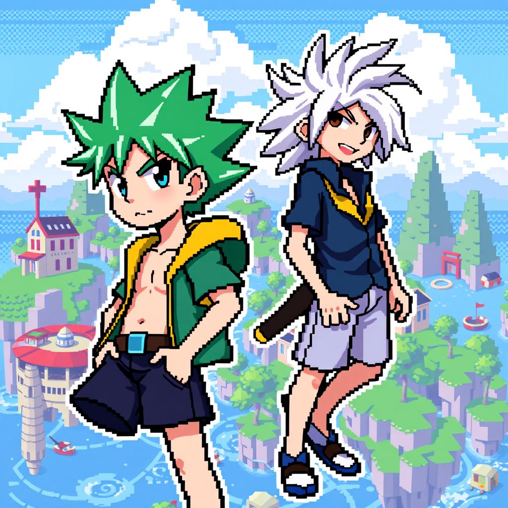 A pixel art representation inspired by Hunter x Hunter, featuring characters in a bright and colorful style