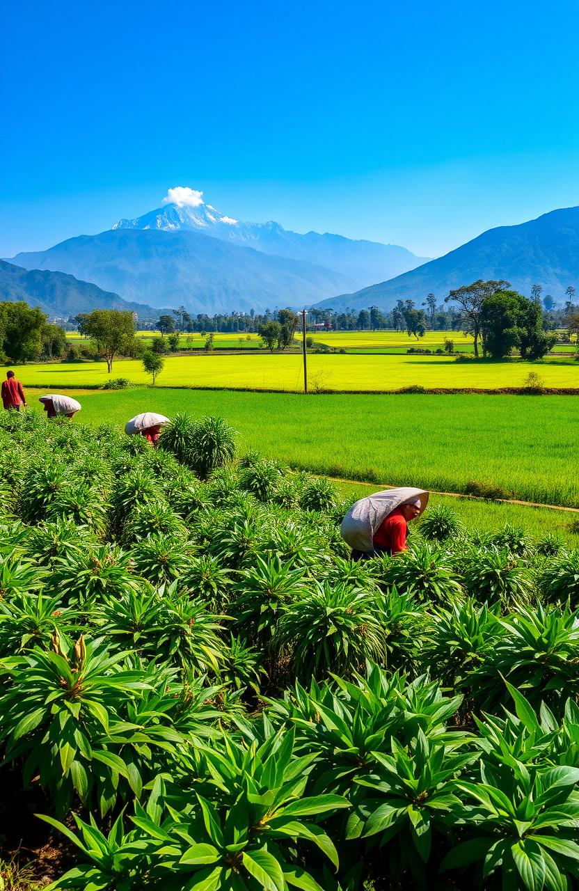 A vibrant and lush landscape depicting the rich herbal wealth of Nepal, featuring a variety of traditional Nepali herbs and plants