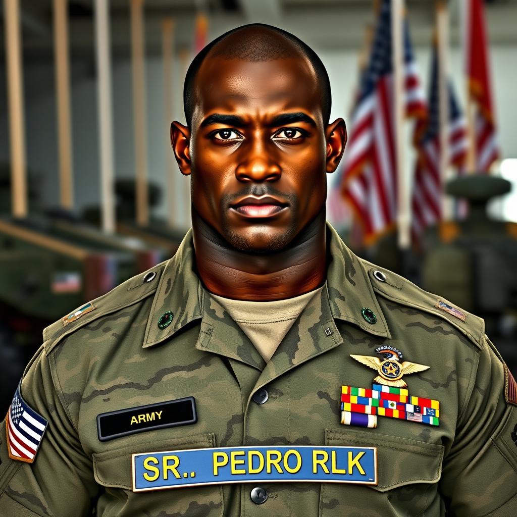A strong and confident American Army General, with a muscular build and dark skin, featuring striking green eyes