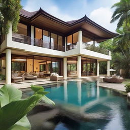 Upgrade the existing tropical house to a grand estate featuring ornate architecture, expansive glass walls and ceilings for breathtaking vistas. Add a landscaped garden and an infinity pool that blends seamlessly with the tropical surroundings.