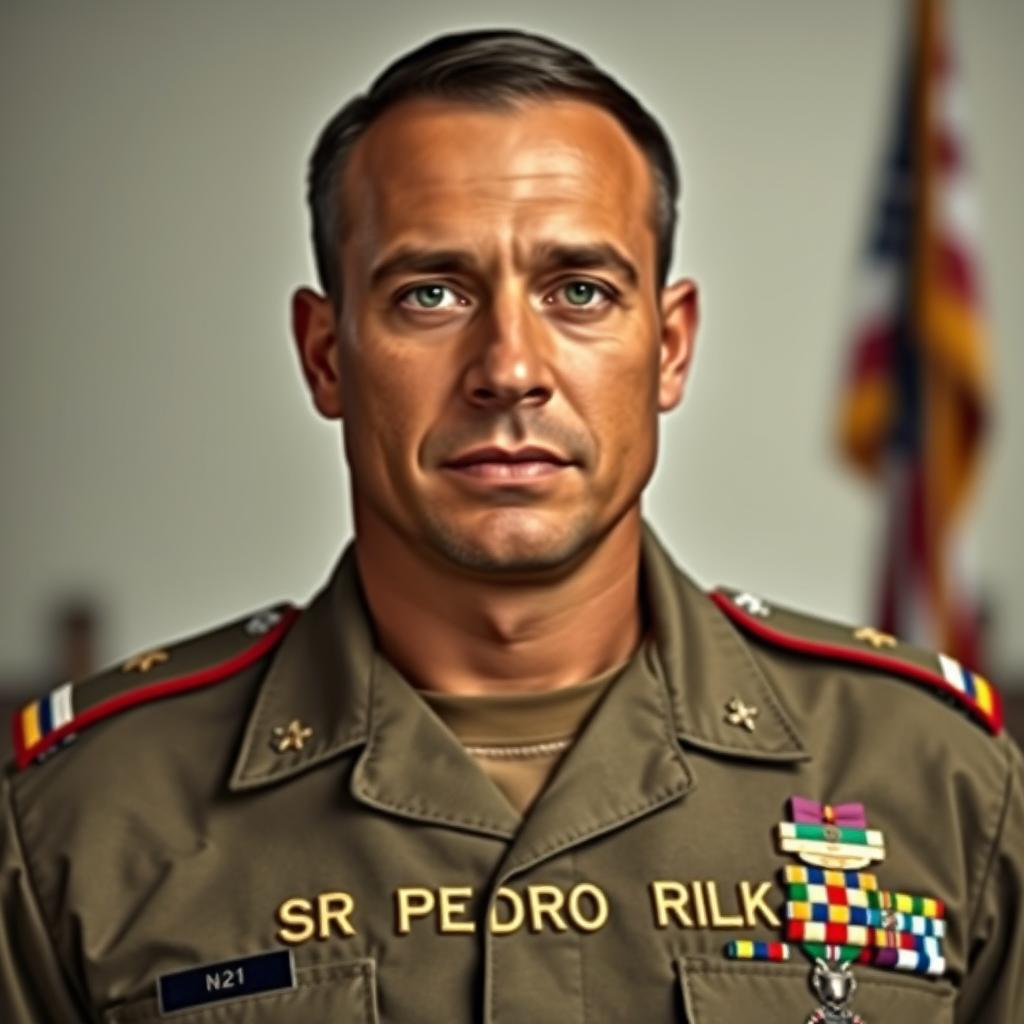 A portrait of a 30-year-old male American Army General with light brown skin and striking green eyes