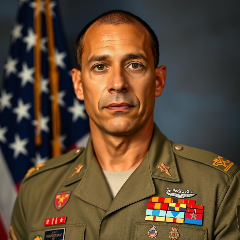 A portrait of a 30-year-old American Army General with light brown skin and green eyes