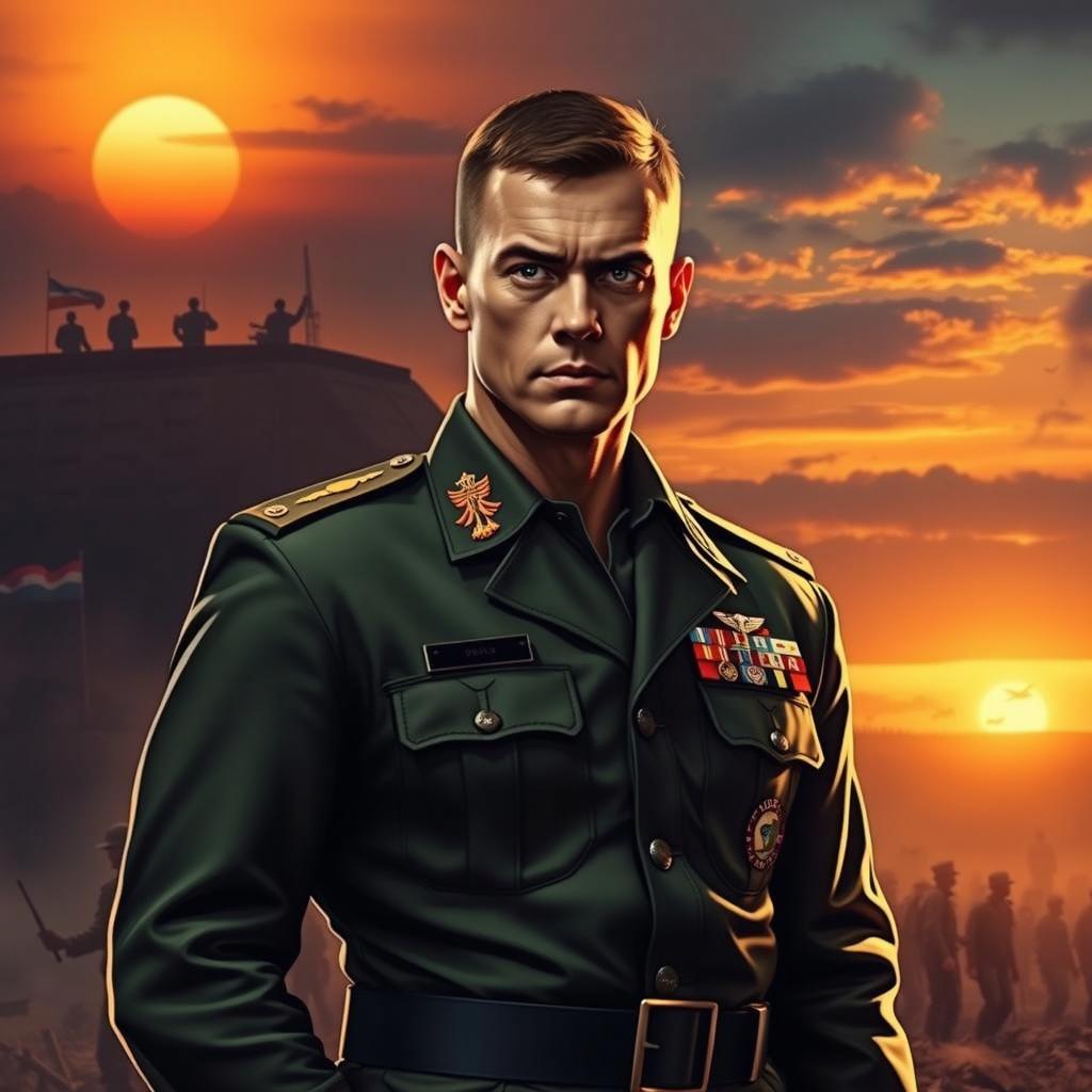A stern military officer standing in front of a dramatic sunset with silhouettes of soldiers in the background