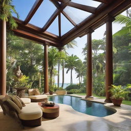 Upgrade the existing tropical house to a grand estate featuring ornate architecture, expansive glass walls and ceilings for breathtaking vistas. Add a landscaped garden and an infinity pool that blends seamlessly with the tropical surroundings.