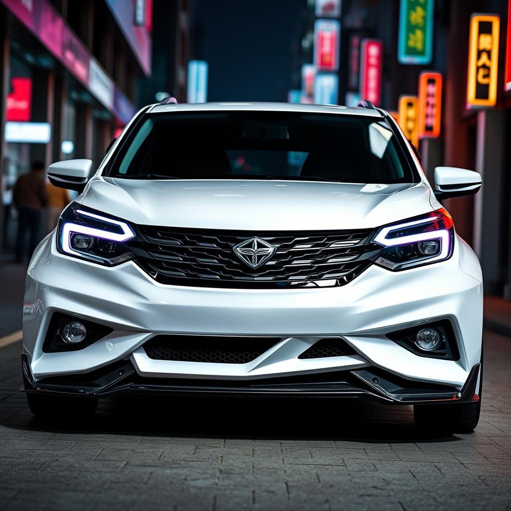A stunning futuristic front body kit designed for a white 2013 Daihatsu Xenia, showcasing sleek aerodynamic lines and aggressive styling