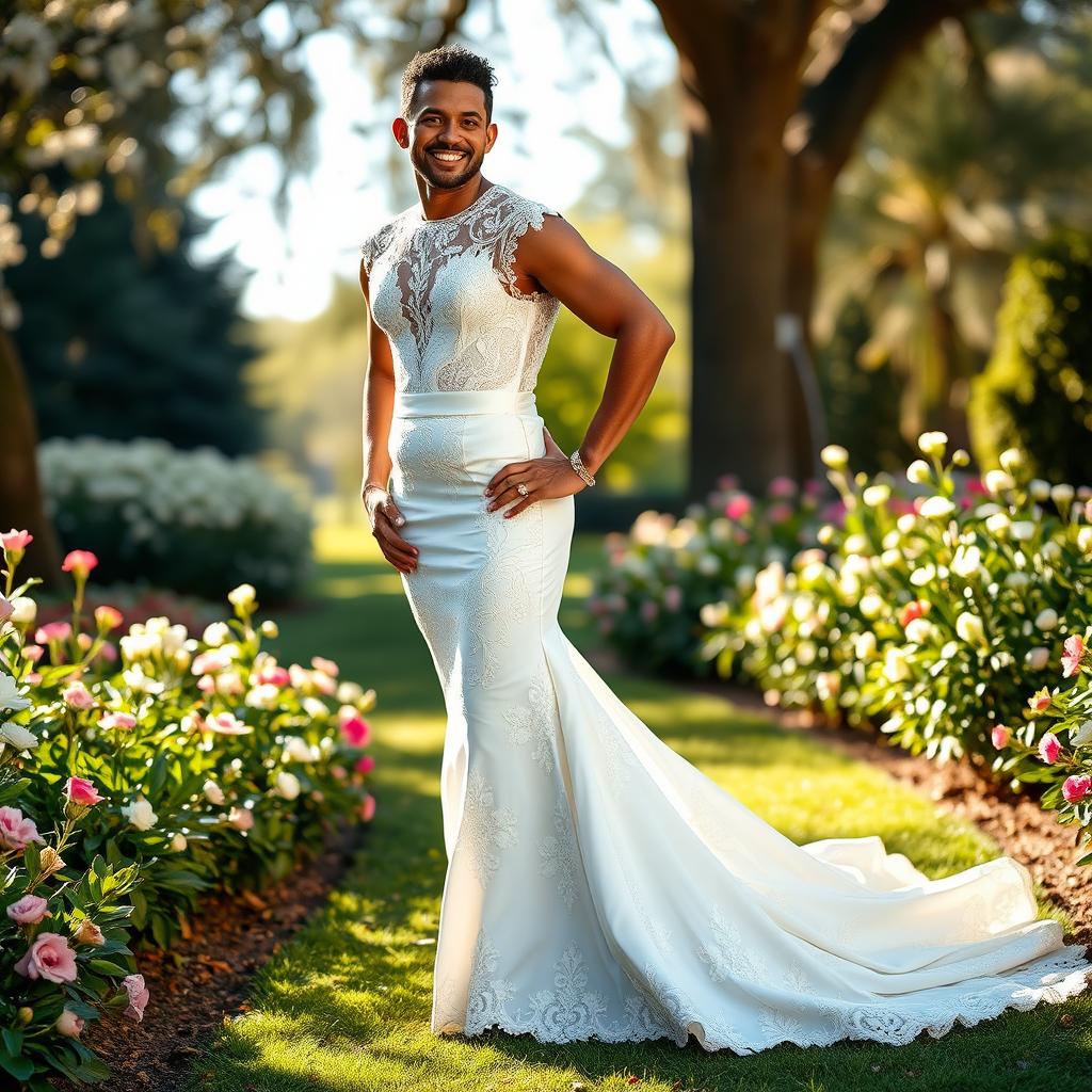 A stylish man proudly wearing a stunning mermaid wedding dress, showcasing intricate lace details and a beautiful train