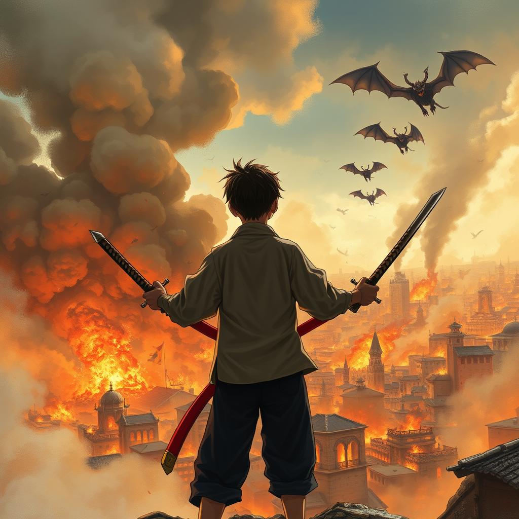 A book cover featuring a fourteen-year-old boy standing with his back to the viewer, holding a katana in each hand