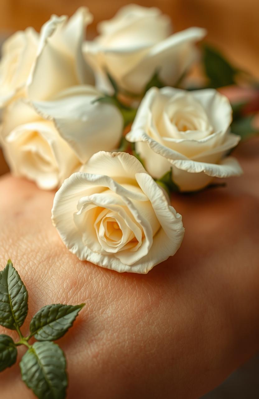 A close-up view of white roses delicately placed on fresh scars, showcasing the contrast between the softness of the flowers and the textured, raw appearance of the scars