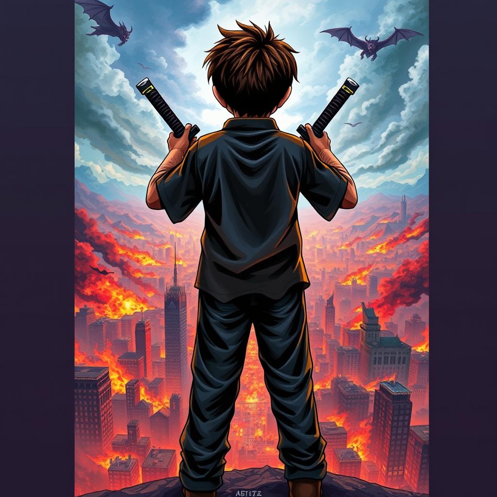 A book cover featuring a fourteen-year-old boy holding a katana in each hand, standing with his back to the viewer