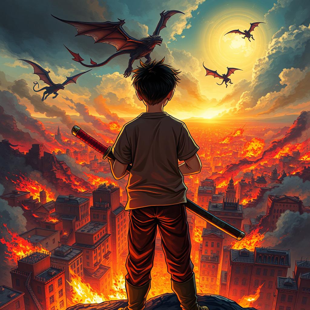 A book cover illustration featuring a fourteen-year-old boy standing with his back to the viewer, holding a katana in each hand