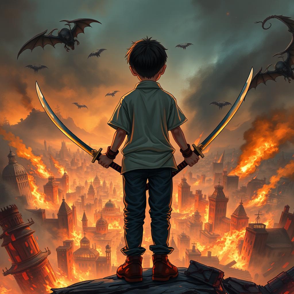 A book cover featuring a 14-year-old boy holding a katana in each hand, standing with his back to the viewer, overlooking a chaotic and destroyed city below, engulfed in flames, with demons flying in the distance