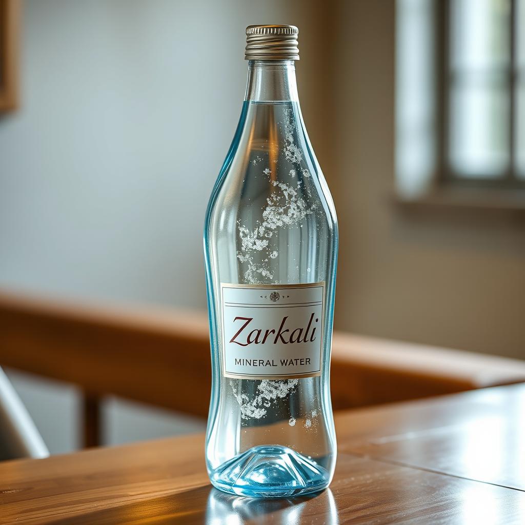 A beautifully designed glass bottle of mineral water with a label that reads 'Zarkali'