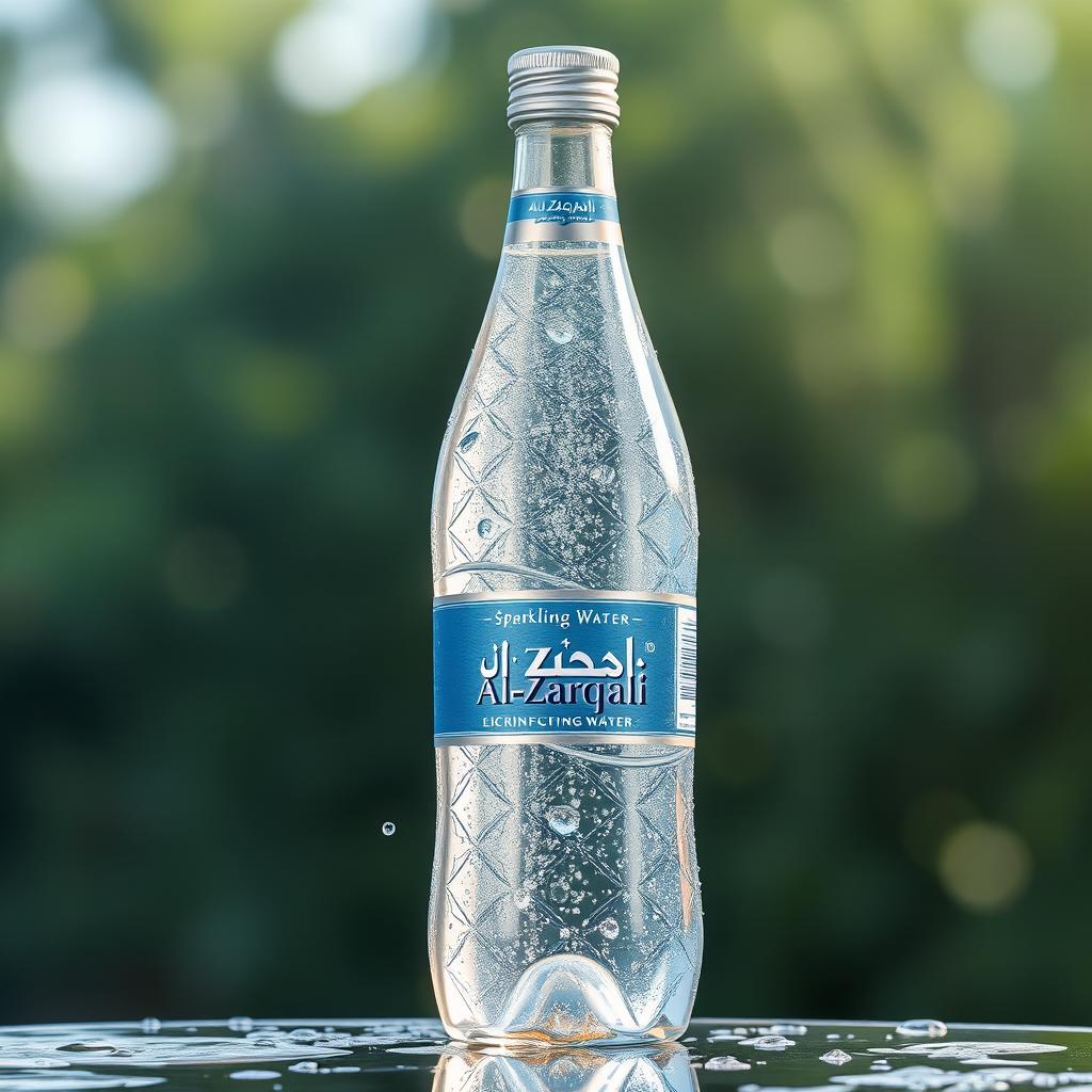 A realistic depiction of a mineral water bottle labeled 'Al-Zarqali'