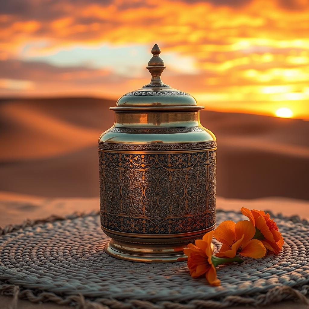 An artistic representation of a traditional Arabic ghee container, beautifully decorated with intricate patterns and designs typical of Arabic artistry