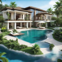 Transform the grand tropical estate into an exceptional mansion of unparalleled luxury and elegance. Incorporate eclectic and modern touches like a helipad, a private beach, a much grander infinity pool, and a uniquely designed landscaped garden filled with exotic plants.