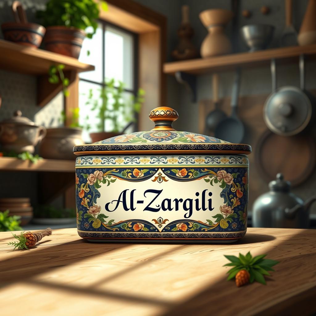 An artistic representation of a traditional butter container featuring the name 'Al-Zarqili' elegantly styled on the label